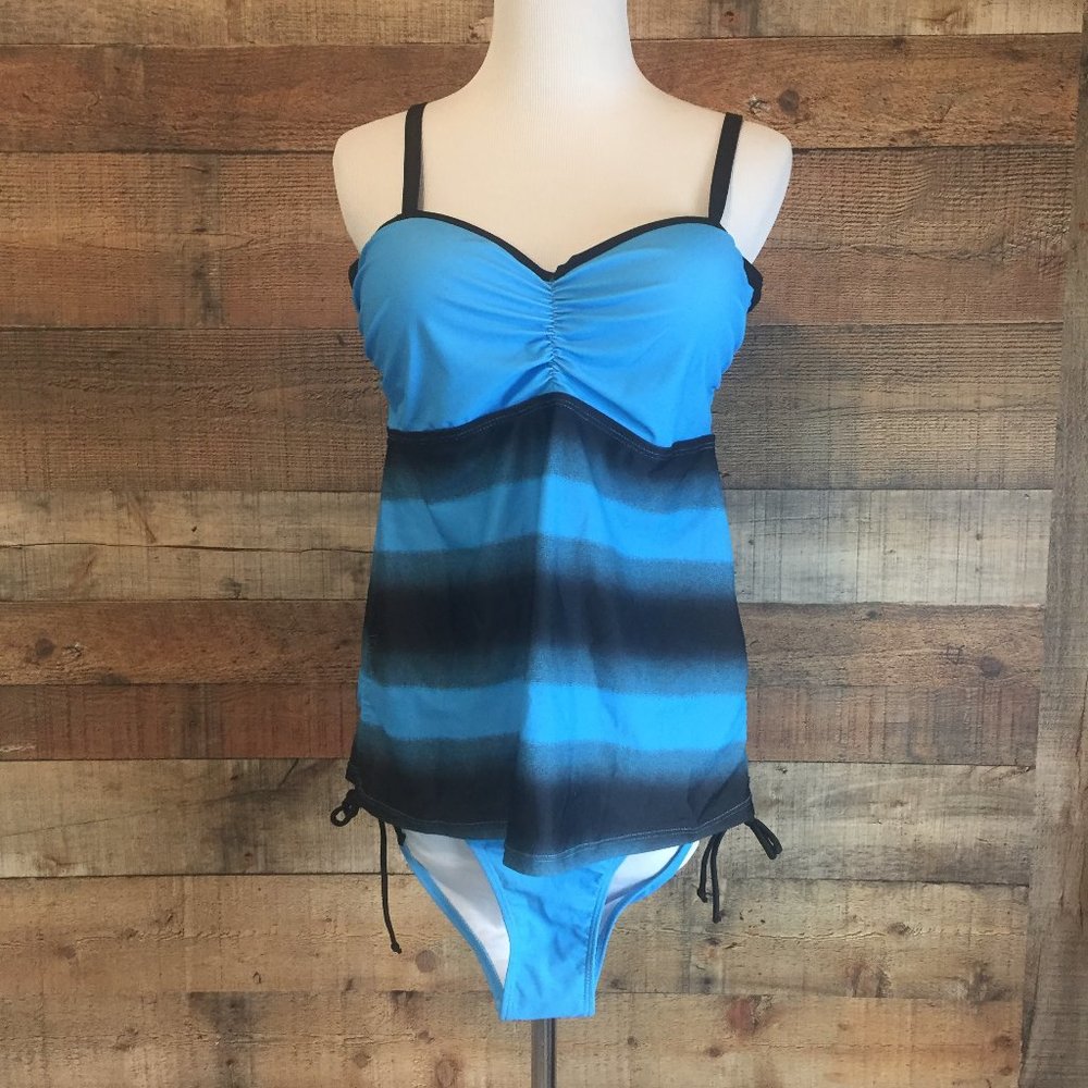 Beach Sissi Tankini Size L Blue/Black Ombre Stripe Top Solid Blue Bikini Bottom